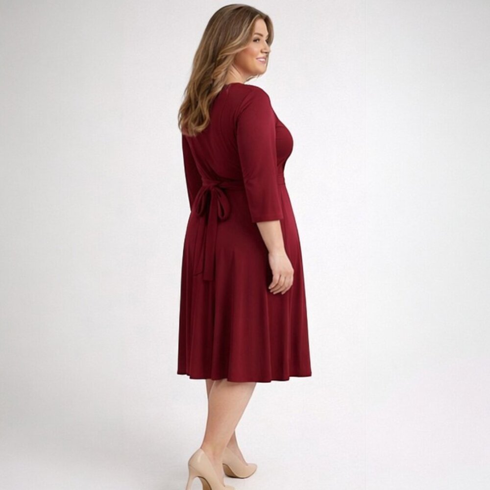 Flattering Burgundy Faux Wrap V-Neck Pleated Dress XL Self Tie Belt - Picture 5 of 6